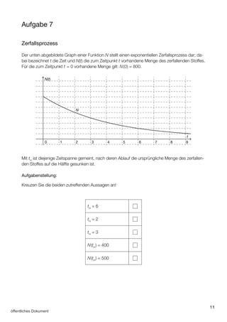 11
Aufgabe 7
Zerfallsprozess
Der unten abgebildete Graph einer Funktion N stellt einen exponentiellen Zerfallsprozess dar; da­
bei bezeichnet t die Zeit und N(t) die zum Zeitpunkt t vorhandene Menge des zerfallenden Stoffes.
Für die zum Zeitpunkt t = 0 vorhandene Menge gilt: N(0) = 800.
0 1 2 3 4 5 6 7 8 9
t
N(t)
N
Mit tH
ist diejenige Zeitspanne gemeint, nach deren Ablauf die ursprüngliche Menge des zerfallen­
den Stoffes auf die Hälfte gesunken ist.
Aufgabenstellung:
Kreuzen Sie die beiden zutreffenden Aussagen an!
tH
= 6
tH
= 2
tH
= 3
N(tH
) = 400
N(tH
) = 500
öffentliches Dokument
 