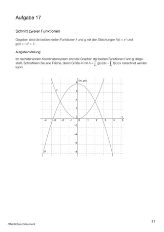 21
Aufgabe 17
Schnitt zweier Funktionen
Gegeben sind die beiden reellen Funktionen f und g mit den Gleichungen f(x) = x2
und
g(x) = –x2
+ 8.
Aufgabenstellung:
Im nachstehenden Koordinatensystem sind die Graphen der beiden Funktionen f und g darge­
stellt. Schraffieren Sie jene Fläche, deren Größe A mit A = ∫
1
0
g(x)dx – ∫
1
0
f(x)dx berechnet werden
kann!
0
0 1 2 3 4 5–1–2–3–4
2
4
6
8
–2
–4
–6
–8
f
f(x), g(x)
g
x
öffentliches Dokument
 