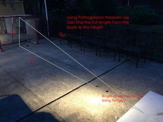 43
using Pythagorean theorem we
can find the full length from the
puck to the target
Angle of elevation=12.6
Using tangent
 