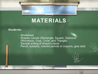 MATERIALS
Students:

       Worksheet
       Shapes cutouts   (Rectangle, Square, Diamond
        (Rhombus), Oval, Circle, and Triangle)
       Sample writing of shape’s name
       Pencil, scissors, colored pencils or crayons, glue stick
 