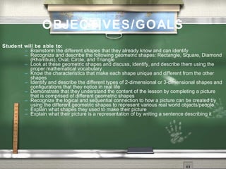 OBJECTIVES/GOALS
Student will be able to:
         Brainstorm the different shapes that they already know and can identify
         Recognize and describe the following geometric shapes: Rectangle, Square, Diamond
          (Rhombus), Oval, Circle, and Triangle
         Look at these geometric shapes and discuss, identify, and describe them using the
          proper mathematical vocabulary
         Know the characteristics that make each shape unique and different from the other
          shapes
         Identify and describe the different types of 2-dimensional or 3-dimensional shapes and
          configurations that they notice in real life
         Demonstrate that they understand the content of the lesson by completing a picture
          that is comprised of different geometric shapes
         Recognize the logical and sequential connection to how a picture can be created by
          using the different geometric shapes to represent various real world objects/people
         Explain what shapes they used to make their picture
         Explain what their picture is a representation of by writing a sentence describing it
 