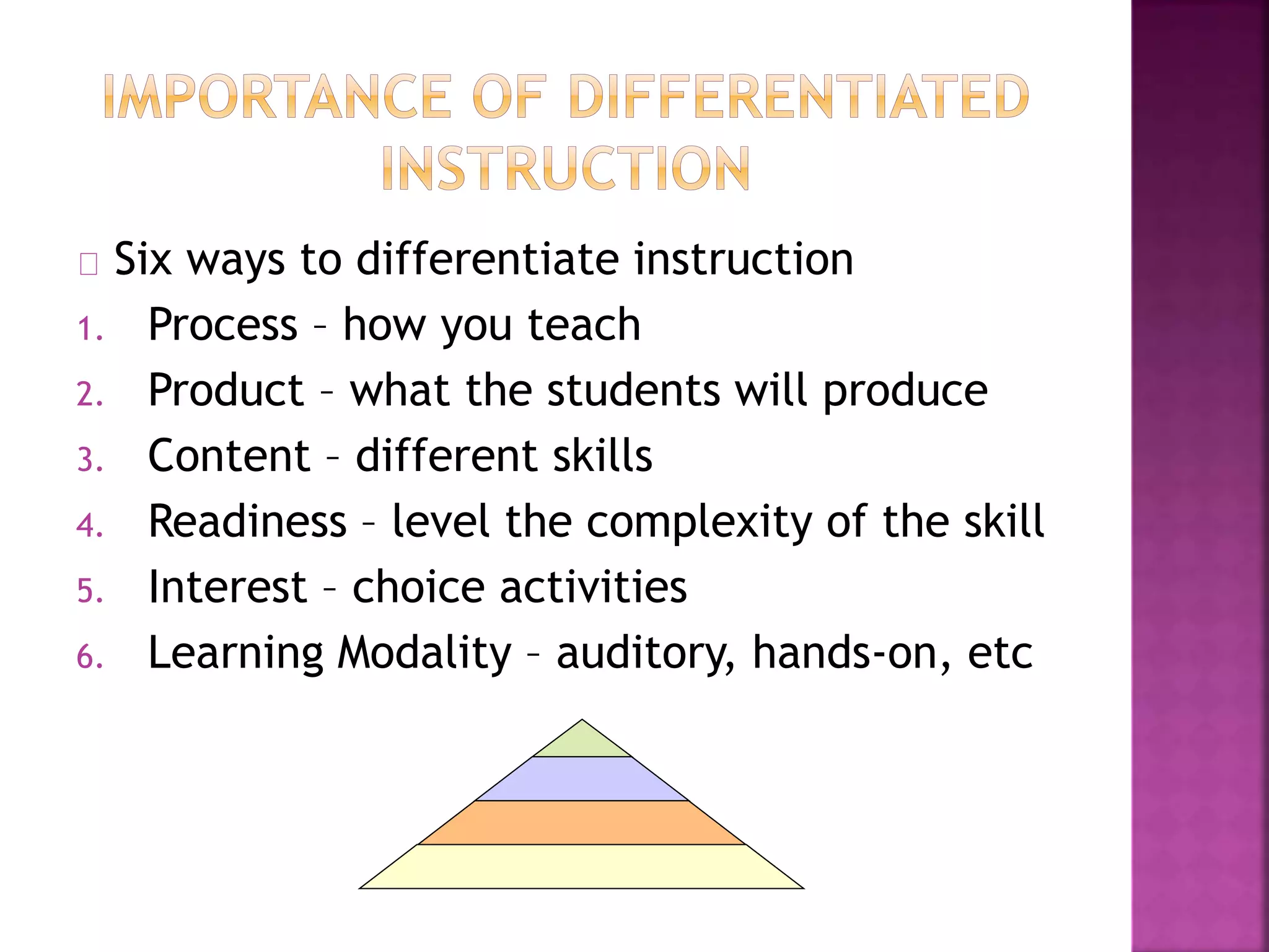 Six ways to differentiate instruction
1. Process – how you teach
2. Product – what the students will produce
3. Content – different skills
4. Readiness – level the complexity of the skill
5. Interest – choice activities
6. Learning Modality – auditory, hands-on, etc
 