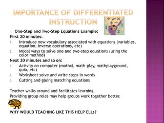 One-Step and Two-Step Equations Example:
First 20 minutes:
1. Introduce new vocabulary associated with equations (variables,
equation, inverse operations, etc)
2. Model ways to solve one and two-step equations (using the
color method)
Next 20 minutes and so on:
1. Activity on computer (mathxl, math-play, mathplayground,
quia, etc)
2. Worksheet solve and write steps in words
3. Cutting and gluing matching equations
Teacher walks around and facilitates learning.
Providing group roles may help groups work together better.
WHY WOULD TEACHING LIKE THIS HELP ELLs?
 