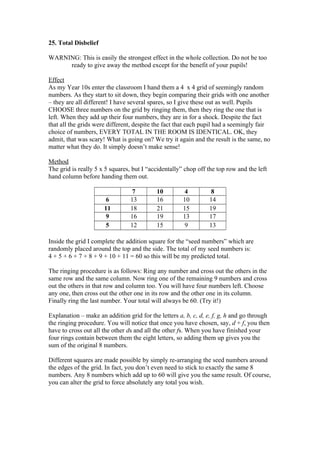 25. Total Disbelief
WARNING: This is easily the strongest effect in the whole collection. Do not be too
ready to give away the method except for the benefit of your pupils!
Effect
As my Year 10s enter the classroom I hand them a 4 x 4 grid of seemingly random
numbers. As they start to sit down, they begin comparing their grids with one another
– they are all different! I have several spares, so I give these out as well. Pupils
CHOOSE three numbers on the grid by ringing them, then they ring the one that is
left. When they add up their four numbers, they are in for a shock. Despite the fact
that all the grids were different, despite the fact that each pupil had a seemingly fair
choice of numbers, EVERY TOTAL IN THE ROOM IS IDENTICAL. OK, they
admit, that was scary! What is going on? We try it again and the result is the same, no
matter what they do. It simply doesn’t make sense!
Method
The grid is really 5 x 5 squares, but I “accidentally” chop off the top row and the left
hand column before handing them out.

6
11
9
5

7
13
18
16
12

10
16
21
19
15

4
10
15
13
9

8
14
19
17
13

Inside the grid I complete the addition square for the “seed numbers” which are
randomly placed around the top and the side. The total of my seed numbers is:
4 + 5 + 6 + 7 + 8 + 9 + 10 + 11 = 60 so this will be my predicted total.
The ringing procedure is as follows: Ring any number and cross out the others in the
same row and the same column. Now ring one of the remaining 9 numbers and cross
out the others in that row and column too. You will have four numbers left. Choose
any one, then cross out the other one in its row and the other one in its column.
Finally ring the last number. Your total will always be 60. (Try it!)
Explanation – make an addition grid for the letters a, b, c, d, e, f, g, h and go through
the ringing procedure. You will notice that once you have chosen, say, d + f, you then
have to cross out all the other ds and all the other fs. When you have finished your
four rings contain between them the eight letters, so adding them up gives you the
sum of the original 8 numbers.
Different squares are made possible by simply re-arranging the seed numbers around
the edges of the grid. In fact, you don’t even need to stick to exactly the same 8
numbers. Any 8 numbers which add up to 60 will give you the same result. Of course,
you can alter the grid to force absolutely any total you wish.

 