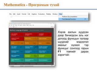 Хэрэв ажлын хуудсан
дээр бичигдсэн аль нэг
дотоод функцын талаар
шуурхай мэдээлэл
авахыг хүсвэл тэр
функцыг сонгоод гарын
F1 товчийг дарах
хэрэгтэй:
 