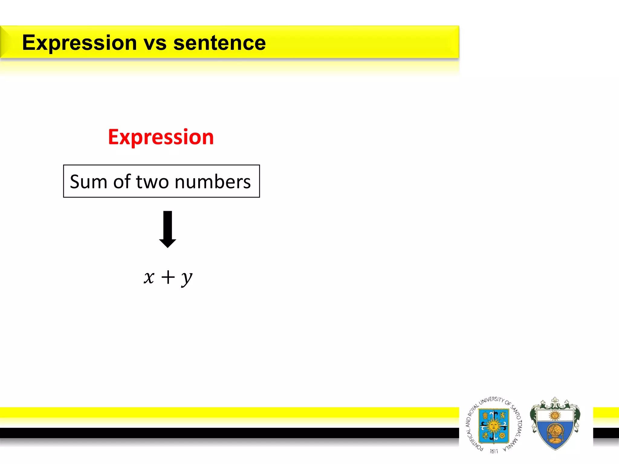 Expression vs sentence
Sum of two numbers
Expression
𝑥 + 𝑦
 