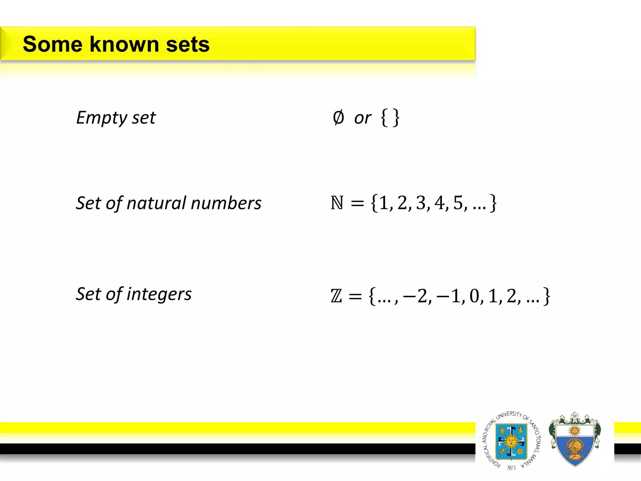 Set of natural numbers ℕ = 1, 2, 3, 4, 5, …
Set of integers ℤ = … , −2, −1, 0, 1, 2, …
Some known sets
Empty set ∅ or
 