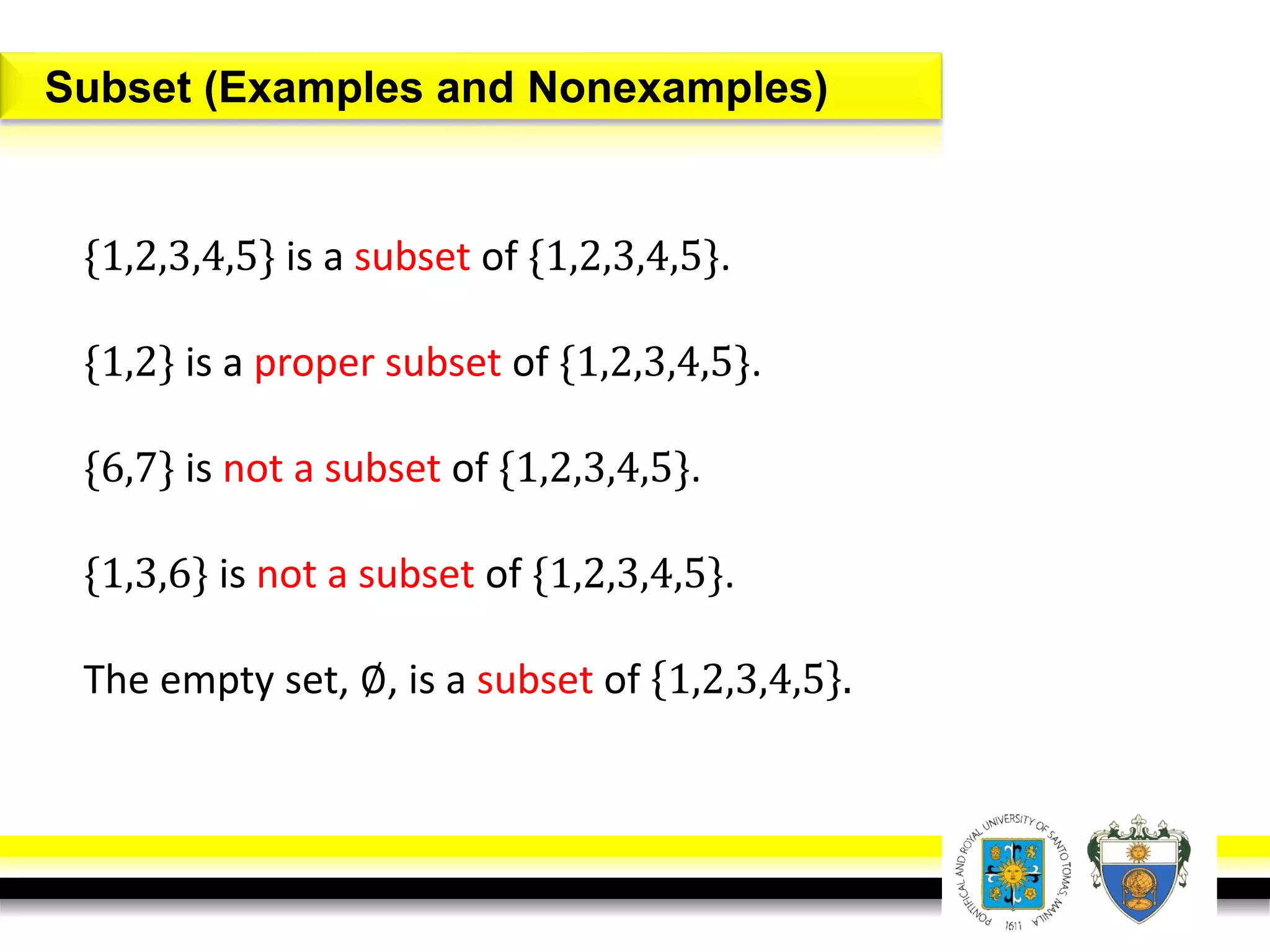 Subset (Examples and Nonexamples)
{1,2,3,4,5} is a subset of {1,2,3,4,5}.
{1,2} is a proper subset of {1,2,3,4,5}.
{6,7} is not a subset of {1,2,3,4,5}.
{1,3,6} is not a subset of {1,2,3,4,5}.
The empty set, ∅, is a subset of 1,2,3,4,5 .
 