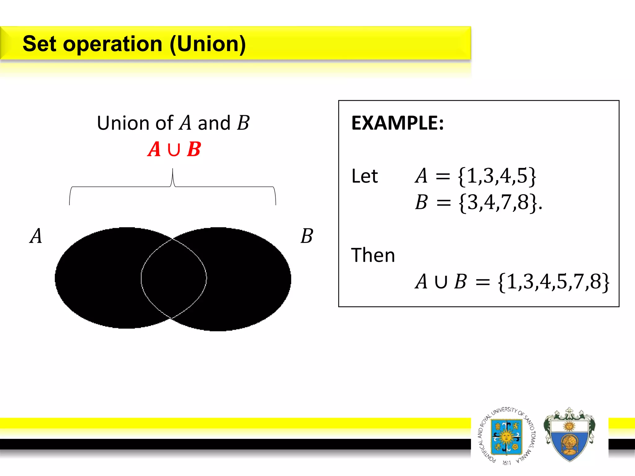 Set operation (Union)
𝐴 𝐵
Union of 𝐴 and 𝐵
𝑨 ∪ 𝑩
EXAMPLE:
Let 𝐴 = {1,3,4,5}
𝐵 = {3,4,7,8}.
Then
𝐴 ∪ 𝐵 = {1,3,4,5,7,8}
 