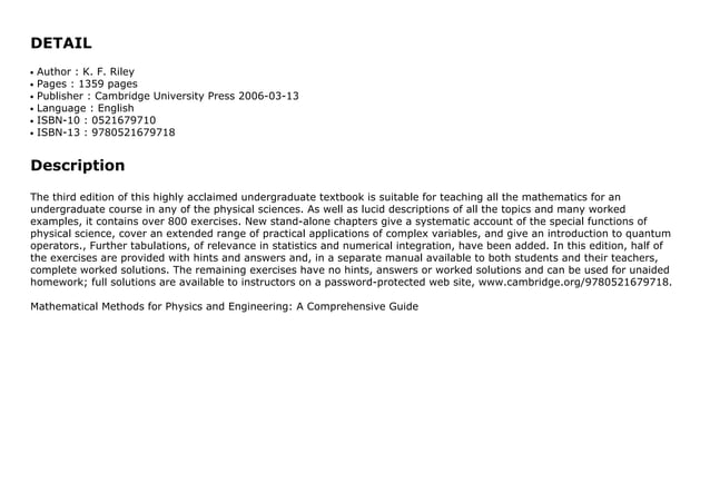 Mathematical Methods for Physics and Engineering: A Comprehensive Guide