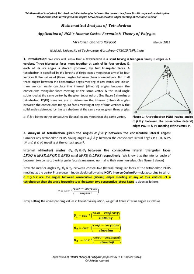 Mathematical Analysis Of Tetrahedron Dihedral Angles