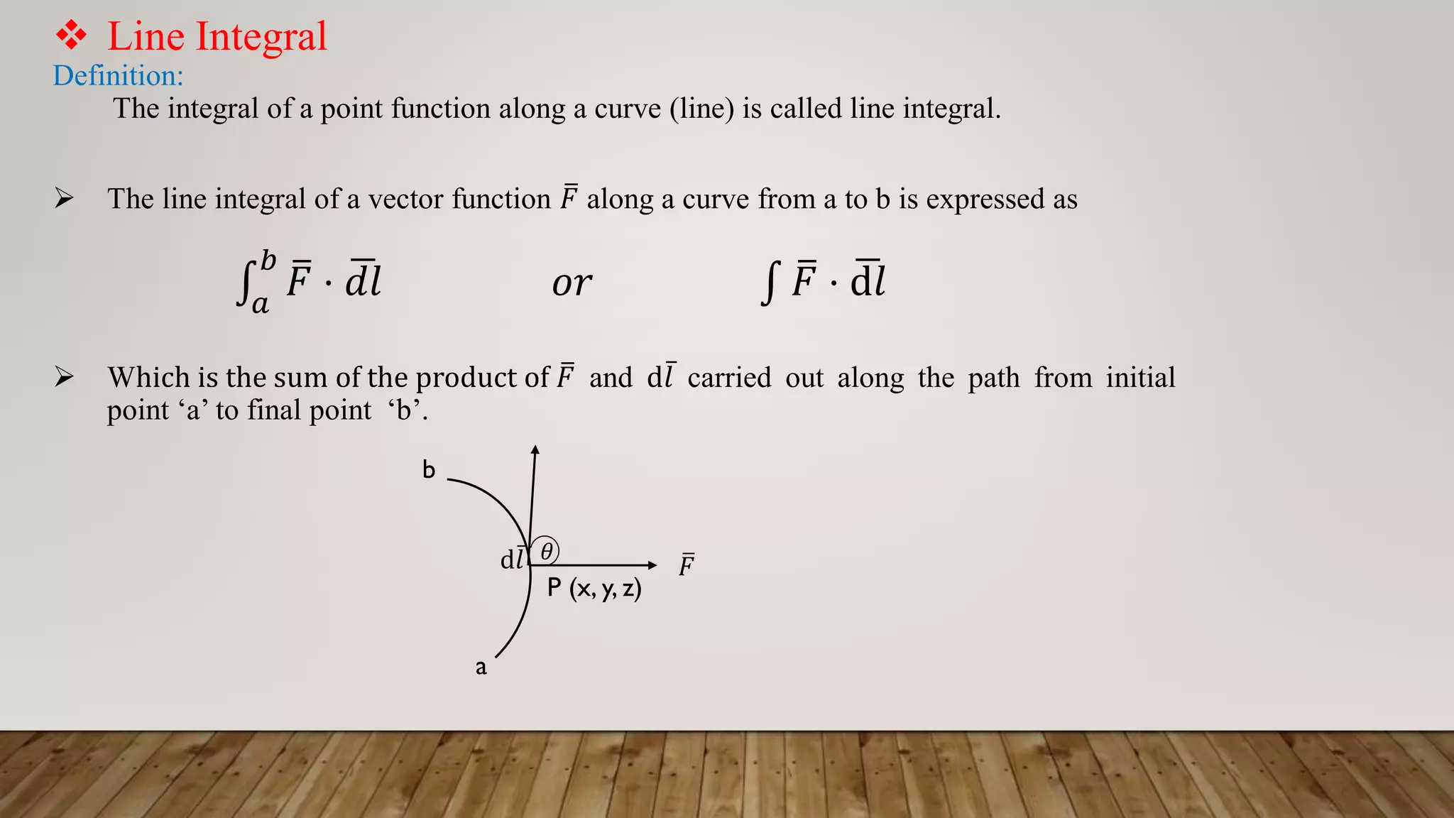 Line Integral
Definition:
The integral of a point function along a curve (line) is called line integral.
 The line integral of a vector function ത
𝐹 along a curve from a to b is expressed as
‫׬‬
𝑎
𝑏
ത
𝐹 ⋅ ഥ
𝑑𝑙 𝑜𝑟 ‫׬‬ ത
𝐹 ⋅ ഥ
d𝑙
 Which is the sum of the product of ത
𝐹 and d ҧ
𝑙 carried out along the path from initial
point ‘a’ to final point ‘b’.
𝜃
d ҧ
𝑙 ത
𝐹
P (x, y, z)
a
b
 