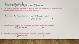 ⸪
Net outward flux along x-direction = (𝜈𝑥 +
𝛿𝑣𝑥
𝛿𝑥
d𝑥)dz.dy - 𝜈𝑥 dzdy
=
𝛿𝑣𝑥
𝛿𝑥
d𝑥 ⋅ d𝑦 ⋅ d𝑧 ---------- (1)
 The flow of liquid per unit time is positive when the component of Ԧ
𝑣 and outward
drown normal to the surface are in the same direction.
⸪
The volume of liquid leaving per
unit time through the face PQRS = (𝜈𝑥 +
𝛿𝑣𝑥
𝛿𝑥
d𝑥)d𝑧 ⋅ d𝑦
 Similarly the net outward flux through top and bottom (y-direction) faces are
=
𝛿𝑣𝑦
𝛿𝑥
d𝑥 ⋅ d𝑦 ⋅ d𝑧 ---------- (2)
 Similarly the net outward flux through remaining (z-direction) faces are
=
𝛿𝑣𝑧
𝛿𝑥
d𝑥 ⋅ d𝑦 ⋅ d𝑧 ------- (3)
 