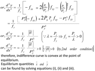 , 2
2

dx
y
d
or
1
y
f xx
f
   
y
x
P
P
2  yy
f
 2
y
x
P
P
xy
f
1
y
f

2
y
P
2
y
P  
xx
f

.  x
P
2 y
P xy
f  2
x
P yy
f
, 2
2

dx
y
d
or
1
y
f

H
2
y
P 










 0

 y
y
y
y P
f
f
P

, 2
2

dx
y
d
or
1
y
f

H
2
y
P
0
  
 
condition
order
nd
by
H 2
,
0


therefore, indifference curve is convex at the point of
equilibrium.
Equilibrium quantities y
and
x
can be found by solving equations (i), (ii) and (iii).
 
