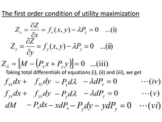 The first order condition of utility maximization
...(i)
0
)
,
( 




 x
x
x P
y
x
f
x
Z
Z 
...(ii)
0
)
,
( 




 y
y
y P
y
x
f
y
Z
Z 
 
  ...(iii)
0



 y
P
x
P
M
Z y
x

Taking total differentials of equations (i), (ii) and (iii), we get

dx
fxx dy
fxy 
d
Px
 )
(
0 iv
dPx 

 

dx
fyx dy
fyy 
d
Py
 )
(
0 v
dPy 

 
dM dx
Px
 x
xdP
 )
(
0 vi
ydP
dy
P y
y 



 