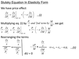 Slutsky Equation In Elasticity Form
We have price effect
















M
x
x
P
x
P
x
dU
x
x 0
…(i)
Multiplying eq. (i) by
M
M
by
term
nd
and
x
Px
2 , we get
x
x
P
x
x
P



0





dU
x
x
P
x
x
P











M
x
x
x
Px
M
M

Rearranging the terms
x
x

x
x
P
P
 =
x
x

x
x
P
P

dU = 0


M
xPx x
x

M
M

1
1
11
11 

 

 e …(ii)
 