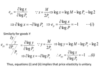 x
px
P
x
e
log
log



x
P
M
x
2

 2
log
log
log
log 


 x
P
M
x
x
P
x log
log 


 )
(
1
log
log
i
P
x
ep 






Similarly for goods Y
y
y
py
P
P
y
y
e



y
P
y
log
log



y
P
M
y
2

 2
log
log
log
log 


 y
P
M
y
y
P
x log
log 


 ...(ii)
P
x
e
Y
py 1
log
log






Thus, equations (i) and (ii) implies that price elasticity is unitary.
 