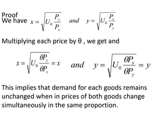 Proof
We have
x
y
P
P
U
x 0

y
x
P
P
U
y
and 0

Multiplying each price by θ , we get and
x
P
P
U
x
x
y




0 y
P
P
U
y
and
y
x




0
This implies that demand for each goods remains
unchanged when in prices of both goods change
simultaneously in the same proportion.
 