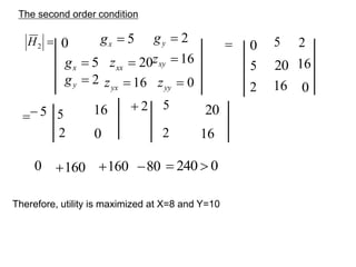 The second order condition

2
H 0 5

x
g 2

y
g
5

x
g 20

xx
z 16

xy
z
2

y
g 16

yx
z 0

yy
z
 0 5 2
5 20 16
2 16 0
 5
 2
 5
2
0
5
2
16
0
20
16
160
 160
 80
 0
240 

Therefore, utility is maximized at X=8 and Y=10
 