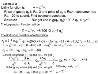 Example 8
Utility function is
Price of goods q1 is Rs. 3 and price of q2 is Rs.4. consumer has
Rs. 100 to spend. Find optimum purchase.
Solution Budget line is g(q1, q2): 100-3 q1 -4 q2=0
The Lagrangian Function will be
The first order condition of optimization
2
1
5
.
1
1
1 5
.
1 q
q
z 

 )
.......(
3
5
.
1
0
3
5
.
1 2
5
.
0
1
2
5
.
0
1 i
q
q
q
q 
 




0
)
1
4
0
0
(
1
5
.
1
1
2 





 
q
z )
.......(
4
4 5
.
1
1
5
.
1
1 ii
q
q 
 



...(iii)
0
4
3
100 2
1 


 q
q
z
Solving equations (i), (ii) and (iii) , we get
3 λ
4 λ
=
Solving equations (iii) and (iv) , we get 0
4
6
100 2
2 

 q
q
10
0
10
100 2
2 



 q
q
2
5
.
1
1 q
q
u 
2
5
.
1
1 q
q
Z  +λ(100 -3 q1 -4 q2)
+λ(0-3 x1 -0)
2
5
.
0
1
5
.
1 q
q
5
.
1
1
q
20
1 
q
and
3
4
2
5
.
1 q
5
.
0
5
.
1
1

q
=
Or, Or, 2
6q = )
...(
3 1 iv
q
 