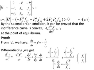
H 0
0





yy
yx
y
xy
xx
x
y
x
f
f
P
f
f
P
P
P
0
2
2

dx
y
d
)
(
0
)
2
(
, 2
2
vii
f
P
P
f
P
f
P
H
or xy
y
x
xx
y
yy
x 





By the second order condition, it can be proved that the
indifference curve is convex, i.e,
at the point of equilibrium.
Proof:
From (v), we have,
y
x
f
f
y
dx
dy


 '
Differentiating ,we get

2
2
dx
y
d
dx
y
d )
'
(
dx
dy
y
y
x
y







'
'
x
f
f
y
x












y
f
f
y
x






















y
x
f
f










y
x
f
f
dx
dy

 