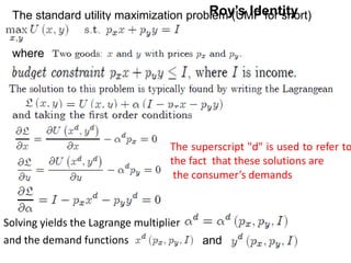 The standard utility maximization problem (UMP for short)
where
The superscript "d" is used to refer to
the fact that these solutions are
the consumer’s demands
Solving yields the Lagrange multiplier
and the demand functions and
Roy’s Identity
 