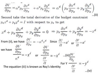 …(ii)
From (ii), we have Since d
I
U




or
d
I
V




we have
d
x

 or
I
V


d
x

 …(iii)
The equation (iii) is known as Roy’s Identity
For Y
I
V


d
y


…(iv)
 