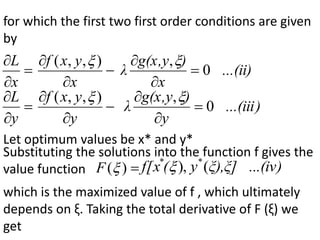 for which the first two first order conditions are given
by



x
L



x
y
x
f )
,
,
( 
...(ii)
x
)
g(x,y
λ 0
,


 



y
L



y
y
x
f )
,
,
( 
)
...(iii
y
)
g(x,y
λ 0
,


 
Let optimum values be x* and y*
Substituting the solutions into the function f gives the
value function 
)
(
F .(iv)
ξ),ξ] ..
y
(
f[x *
*
(
),

which is the maximized value of f , which ultimately
depends on ξ. Taking the total derivative of F (ξ) we
get
 