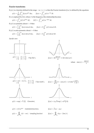 Fourier transforms
If y(x) is a function deﬁned in the range −∞ ≤ x ≤ ∞ then the Fourier transform y(ω) is deﬁned by the equations
y(t) =
1
2π
Z ∞
−∞
y(ω) eiωt
dω, y(ω) =
Z ∞
−∞
y(t) e−iωt
dt.
If ω is replaced by 2πf, where f is the frequency, this relationship becomes
y(t) =
Z ∞
−∞
y( f ) ei2π f t
d f , y( f ) =
Z ∞
−∞
y(t) e−i2π f t
dt.
If y(t) is symmetric about t = 0 then
y(t) =
1
π
Z ∞
0
y(ω) cosωt dω, y(ω) = 2
Z ∞
0
y(t) cosωt dt.
If y(t) is anti-symmetric about t = 0 then
y(t) =
1
π
Z ∞
0
y(ω) sinωt dω, y(ω) = 2
Z ∞
0
y(t) sinωt dt.
Speciﬁc cases
y(t) = a, |t| ≤ τ
= 0, |t| > τ
(‘Top Hat’), y(ω) = 2a
sinωτ
ω
≡ 2aτ sinc(ωτ)
where sinc(x) =
sin(x)
x
y(t) = a(1 − |t|/τ), |t| ≤ τ
= 0, |t| > τ
(‘Saw-tooth’), y(ω) =
2a
ω2
τ
(1 − cosωτ) = aτ sinc2 ωτ
2
y(t) = exp(−t2
/t2
0) (Gaussian), y(ω) = t0
√
π exp −ω2
t2
0/4
y(t) = f (t) eiω0t
(modulated function), y(ω) = f (ω − ω0)
y(t) =
∞
∑
m=−∞
δ(t − mτ) (sampling function) y(ω) =
∞
∑
n=−∞
δ(ω − 2πn/τ)
21
 