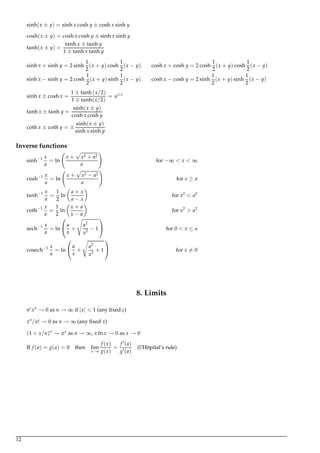 sinh(x ± y) = sinh x cosh y ± cosh x sinh y
cosh(x ± y) = cosh x cosh y ± sinh x sinh y
tanh(x ± y) =
tanh x ± tanh y
1 ± tanh x tanh y
sinh x + sinh y = 2 sinh
1
2
(x + y) cosh
1
2
(x − y) cosh x + cosh y = 2 cosh
1
2
(x + y) cosh
1
2
(x − y)
sinh x − sinh y = 2 cosh
1
2
(x + y) sinh
1
2
(x − y) cosh x − cosh y = 2 sinh
1
2
(x + y) sinh
1
2
(x − y)
sinh x ± cosh x =
1 ± tanh (x/2)
1 tanh(x/2)
= e±x
tanh x ± tanh y =
sinh(x ± y)
cosh x cosh y
coth x ± coth y = ±
sinh(x ± y)
sinh x sinh y
Inverse functions
sinh−1 x
a
= ln
x + x2 + a2
a
for −∞ < x < ∞
cosh−1 x
a
= ln
x + x2 − a2
a
for x ≥ a
tanh−1 x
a
=
1
2
ln
a + x
a − x
for x2
< a2
coth−1 x
a
=
1
2
ln
x + a
x − a
for x2
> a2
sech−1 x
a
= ln

 a
x
+
a2
x2
− 1

 for 0 < x ≤ a
cosech−1 x
a
= ln

 a
x
+
a2
x2
+ 1

 for x = 0
8. Limits
nc
xn
→ 0 as n → ∞ if |x| < 1 (any ﬁxed c)
xn
/n! → 0 as n → ∞ (any ﬁxed x)
(1 + x/n)n
→ ex
as n → ∞, x ln x → 0 as x → 0
If f (a) = g(a) = 0 then lim
x→a
f (x)
g(x)
=
f (a)
g (a)
(l’Hˆopital’s rule)
12
 