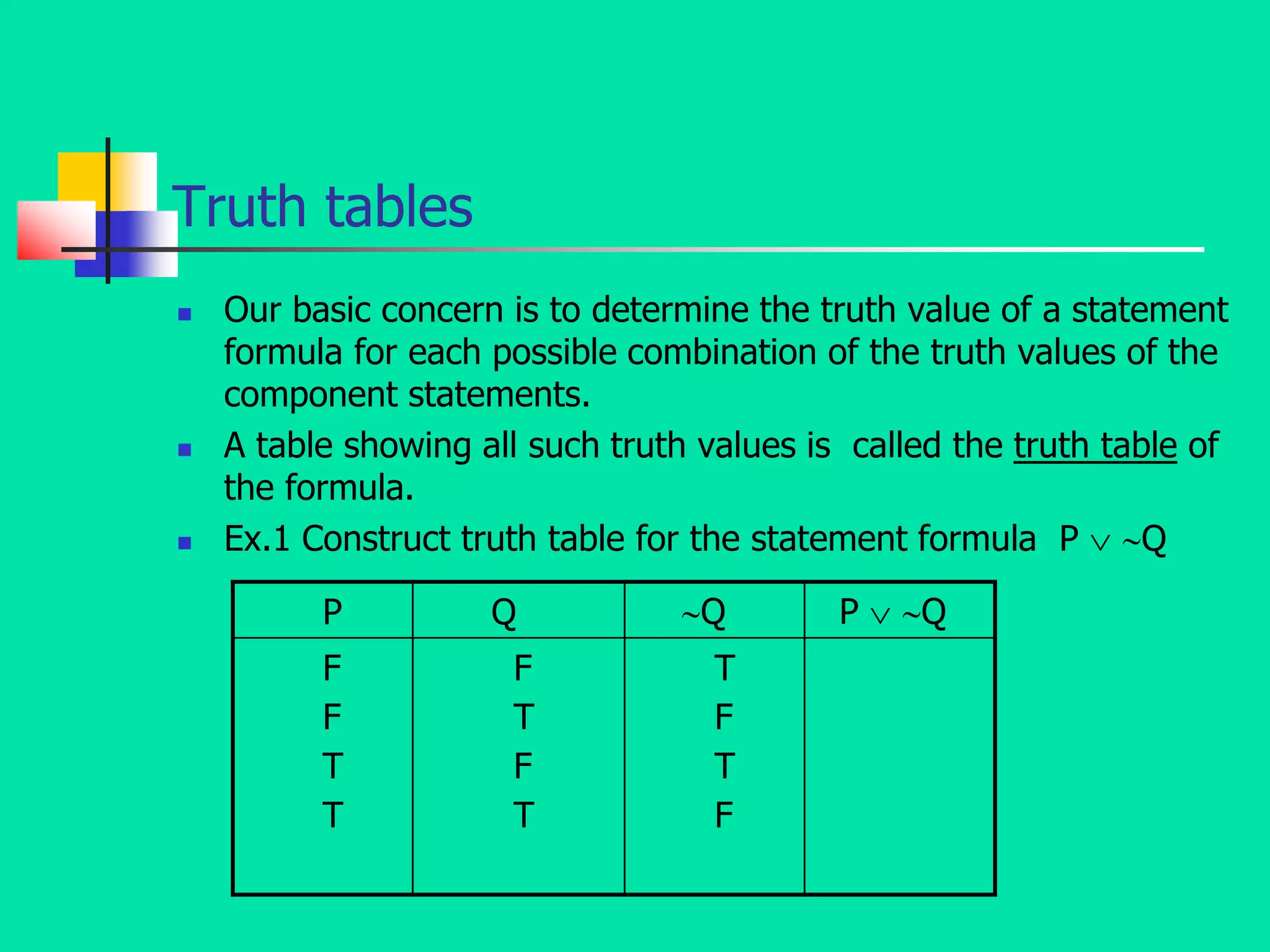 Truth tables
 Our basic concern is to determine the truth value of a statement
formula for each possible combination of the truth values of the
component statements.
 A table showing all such truth values is called the truth table of
the formula.
 Ex.1 Construct truth table for the statement formula P  Q
P Q Q P  Q
F
F
T
T
F
T
F
T
T
F
T
F
 