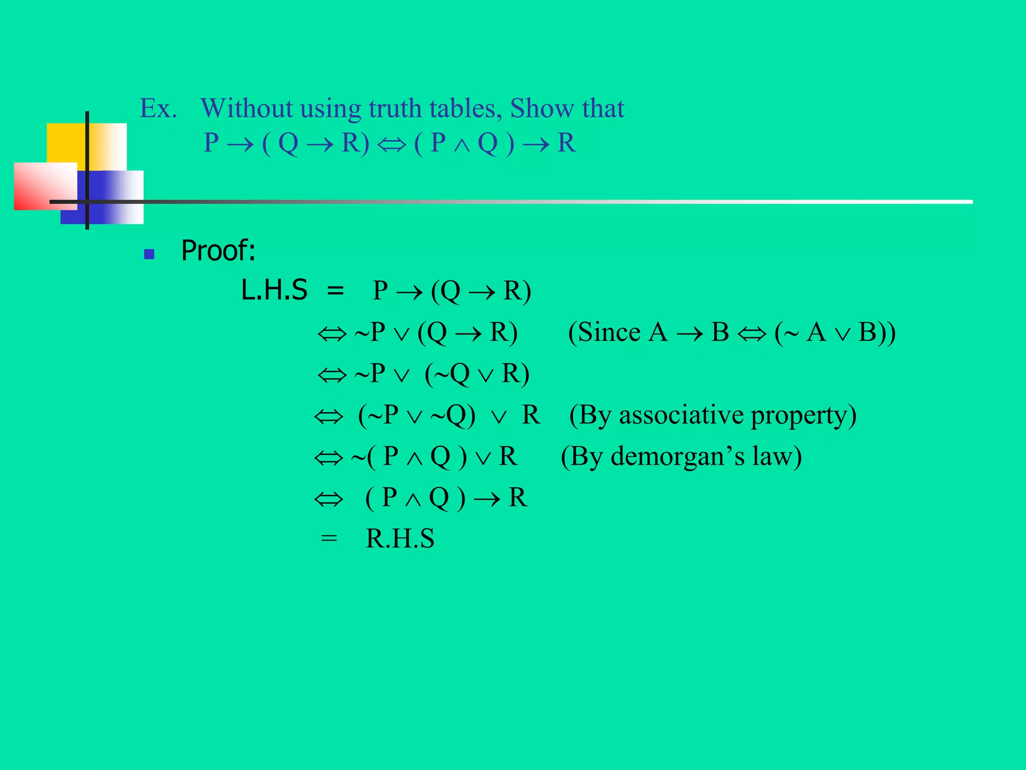 Ex. Without using truth tables, Show that
P  ( Q  R)  ( P  Q )  R
 Proof:
L.H.S = P  (Q  R)
 P  (Q  R) (Since A  B  ( A  B))
 P  (Q  R)
 (P  Q)  R (By associative property)
 ( P  Q )  R (By demorgan’s law)
 ( P  Q )  R
= R.H.S
 