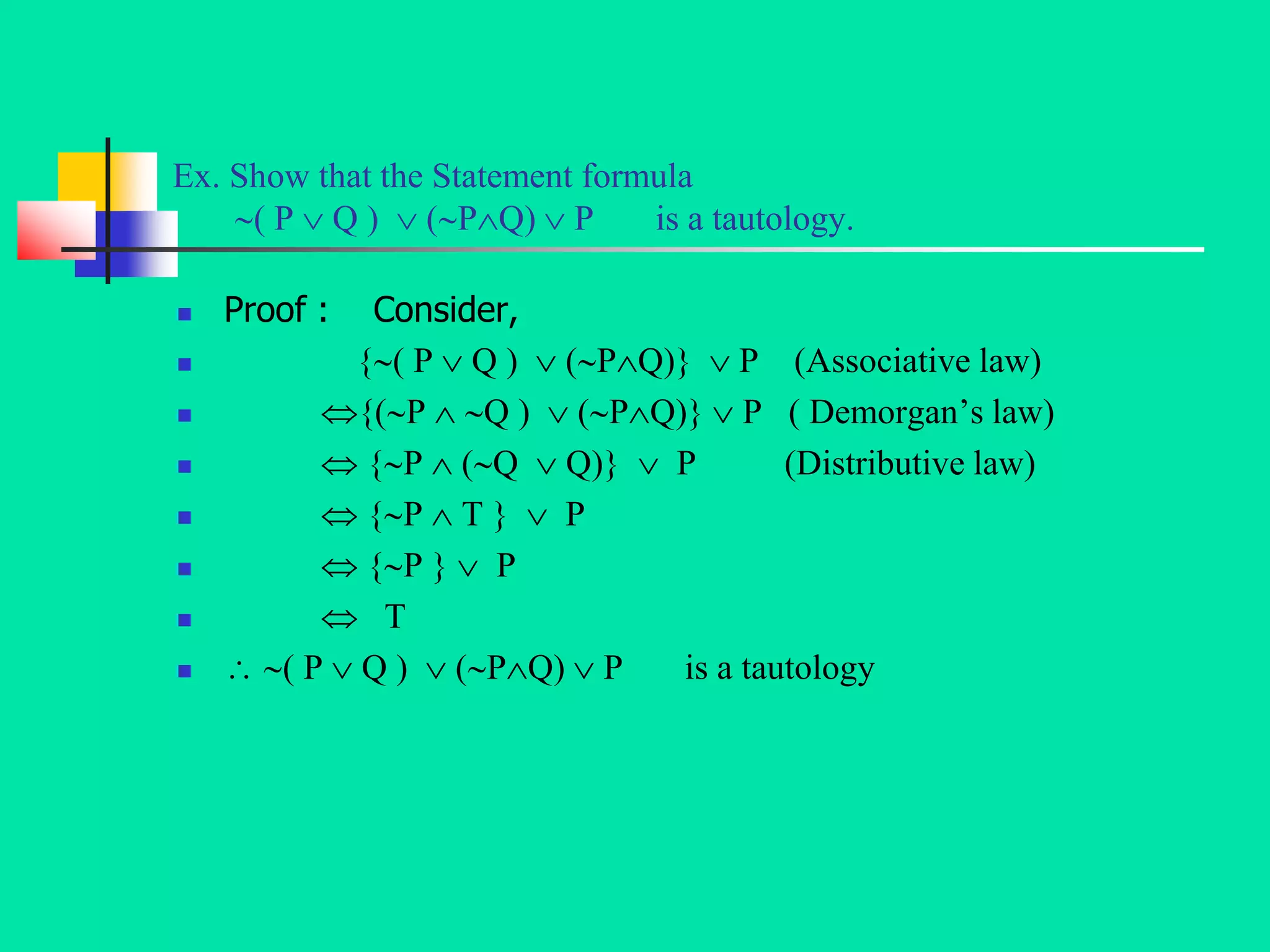 Ex. Show that the Statement formula
( P  Q )  (PQ)  P is a tautology.
 Proof : Consider,
 {( P  Q )  (PQ)}  P (Associative law)
 {(P  Q )  (PQ)}  P ( Demorgan’s law)
  {P  (Q  Q)}  P (Distributive law)
  {P  T }  P
  {P }  P
  T
  ( P  Q )  (PQ)  P is a tautology
 