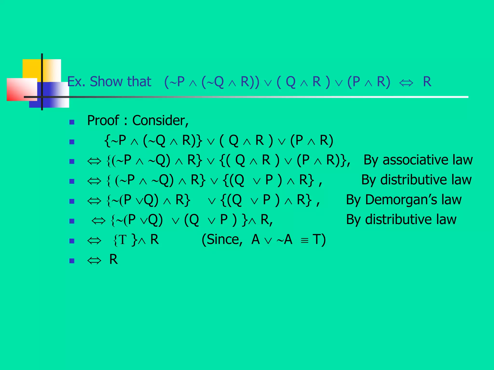 Ex. Show that (P  (Q  R))  ( Q  R )  (P  R)  R
 Proof : Consider,
 {P  (Q  R)}  ( Q  R )  (P  R)
  {(P  Q)  R}  {( Q  R )  (P  R)}, By associative law
  { (P  Q)  R}  {(Q  P )  R} , By distributive law
  {(P Q)  R}  {(Q  P )  R} , By Demorgan’s law
  {(P Q)  (Q  P ) } R, By distributive law
  {T } R (Since, A  A  T)
  R
 