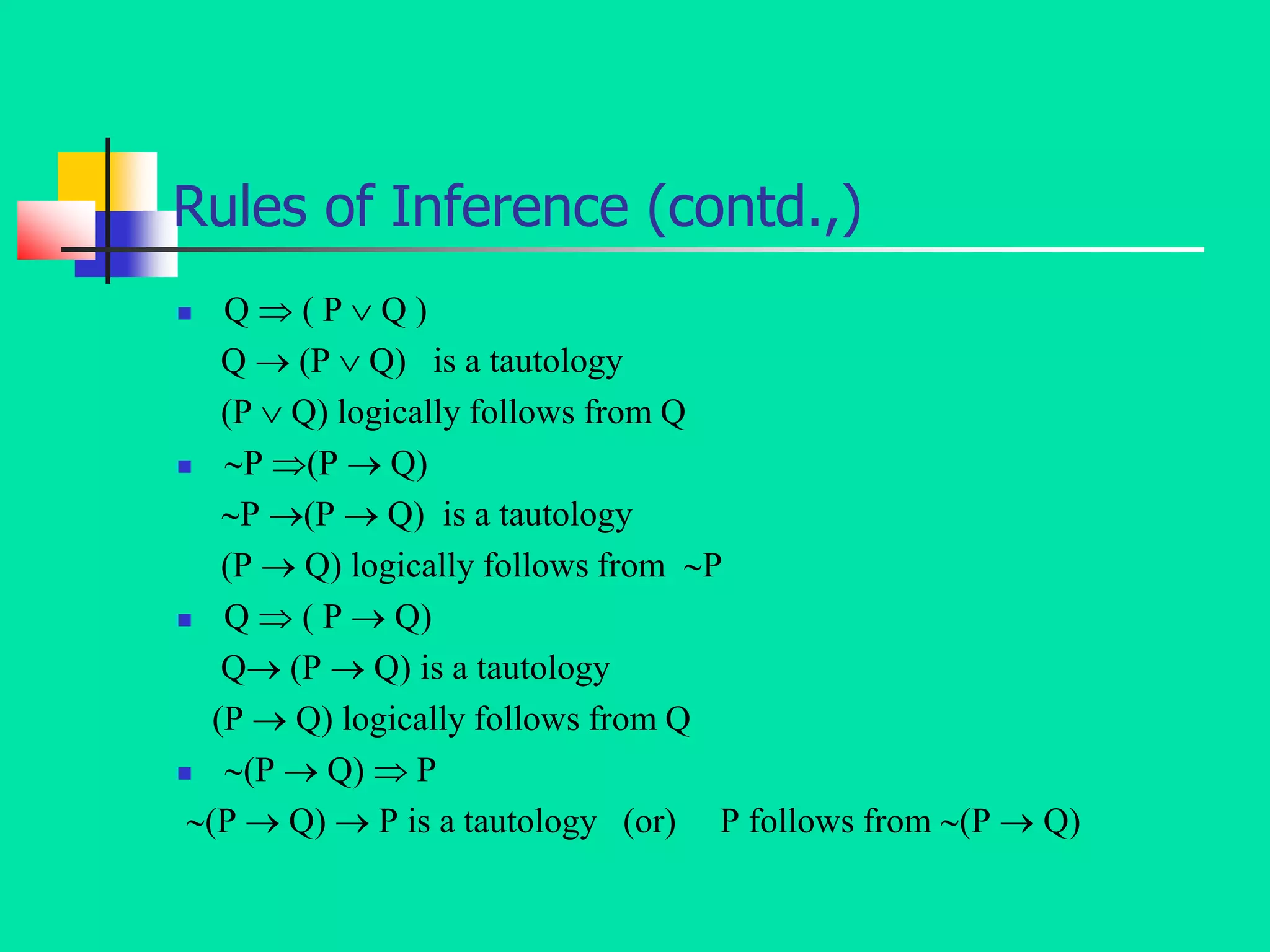 Rules of Inference (contd.,)
 Q  ( P  Q )
Q  (P  Q) is a tautology
(P  Q) logically follows from Q
 P (P  Q)
P (P  Q) is a tautology
(P  Q) logically follows from P
 Q  ( P  Q)
Q (P  Q) is a tautology
(P  Q) logically follows from Q
 (P  Q)  P
(P  Q)  P is a tautology (or) P follows from (P  Q)
 