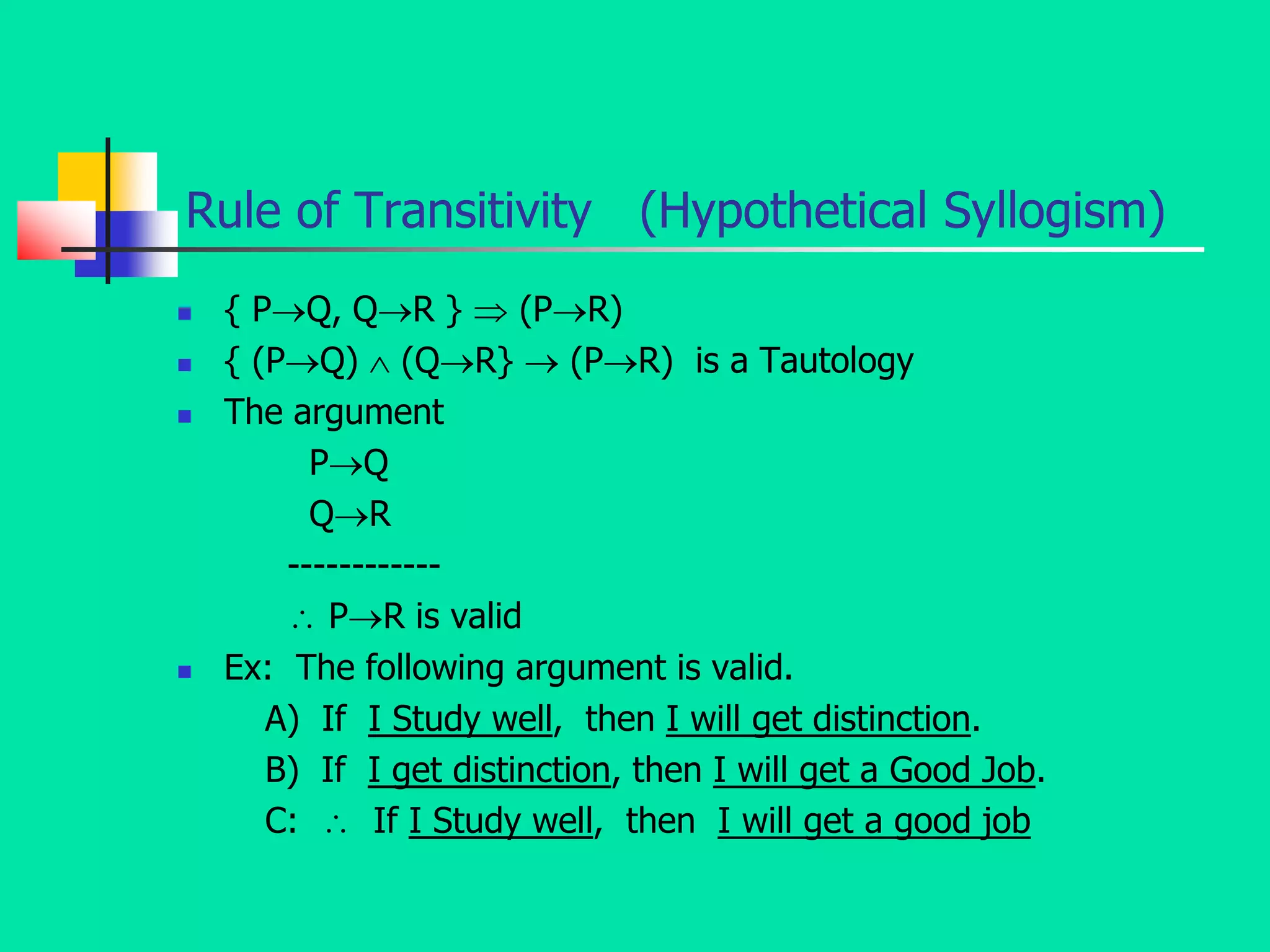 Rule of Transitivity (Hypothetical Syllogism)
 { PQ, QR }  (PR)
 { (PQ)  (QR}  (PR) is a Tautology
 The argument
PQ
QR
------------
 PR is valid
 Ex: The following argument is valid.
A) If I Study well, then I will get distinction.
B) If I get distinction, then I will get a Good Job.
C:  If I Study well, then I will get a good job
 