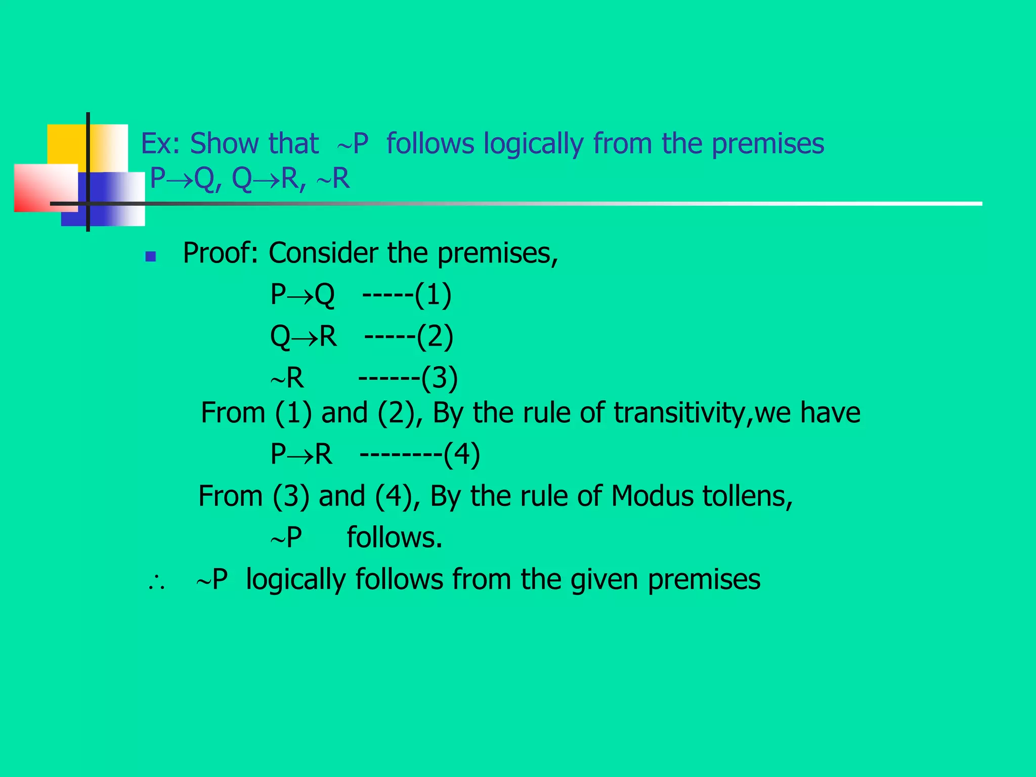 Ex: Show that P follows logically from the premises
PQ, QR, R
 Proof: Consider the premises,
PQ -----(1)
QR -----(2)
R ------(3)
From (1) and (2), By the rule of transitivity,we have
PR --------(4)
From (3) and (4), By the rule of Modus tollens,
P follows.
 P logically follows from the given premises
 