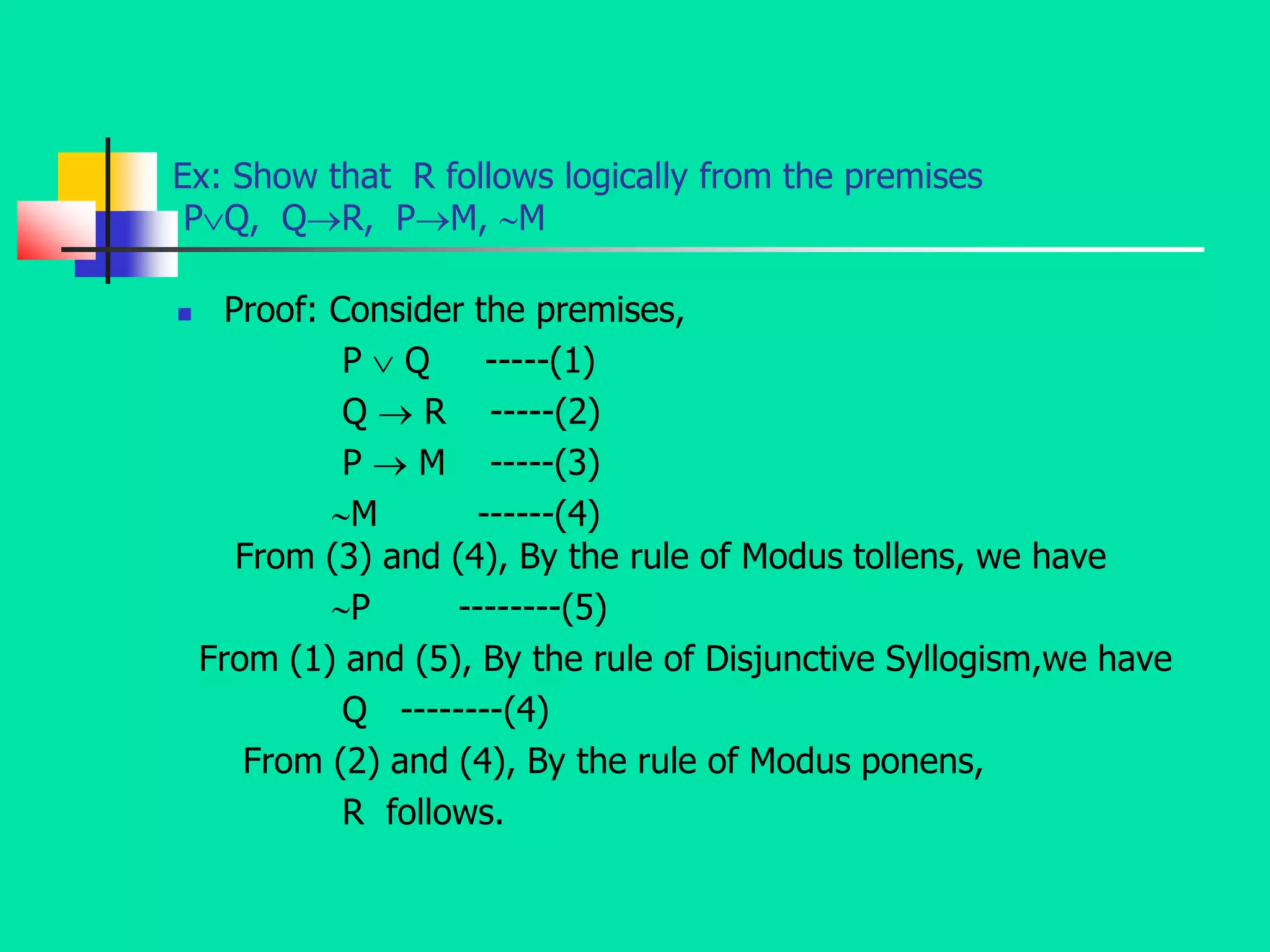 Ex: Show that R follows logically from the premises
PQ, QR, PM, M
 Proof: Consider the premises,
P  Q -----(1)
Q  R -----(2)
P  M -----(3)
M ------(4)
From (3) and (4), By the rule of Modus tollens, we have
P --------(5)
From (1) and (5), By the rule of Disjunctive Syllogism,we have
Q --------(4)
From (2) and (4), By the rule of Modus ponens,
R follows.
 