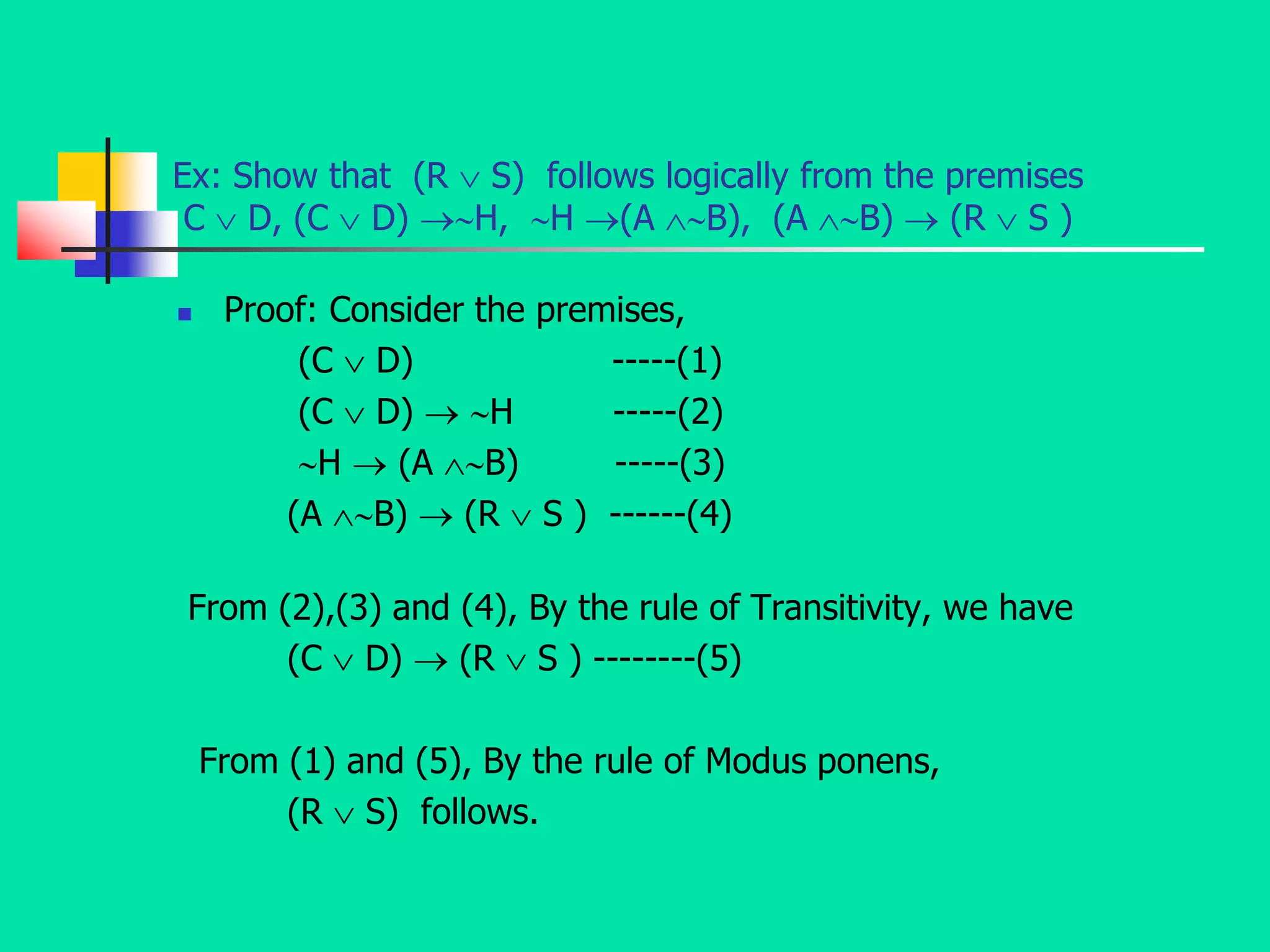 Ex: Show that (R  S) follows logically from the premises
C  D, (C  D) H, H (A B), (A B)  (R  S )
 Proof: Consider the premises,
(C  D) -----(1)
(C  D)  H -----(2)
H  (A B) -----(3)
(A B)  (R  S ) ------(4)
From (2),(3) and (4), By the rule of Transitivity, we have
(C  D)  (R  S ) --------(5)
From (1) and (5), By the rule of Modus ponens,
(R  S) follows.
 