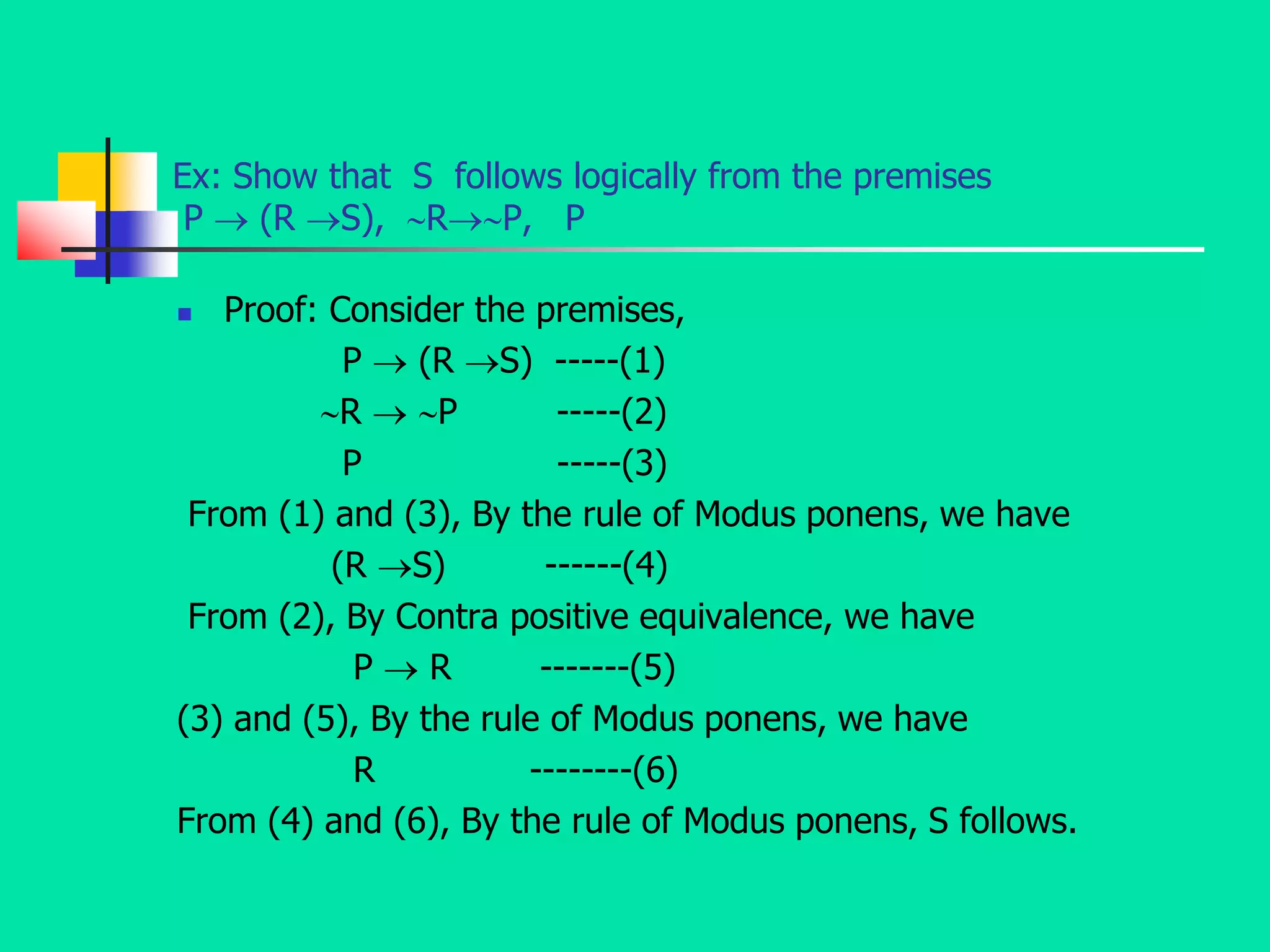 Ex: Show that S follows logically from the premises
P  (R S), RP, P
 Proof: Consider the premises,
P  (R S) -----(1)
R  P -----(2)
P -----(3)
From (1) and (3), By the rule of Modus ponens, we have
(R S) ------(4)
From (2), By Contra positive equivalence, we have
P  R -------(5)
(3) and (5), By the rule of Modus ponens, we have
R --------(6)
From (4) and (6), By the rule of Modus ponens, S follows.
 