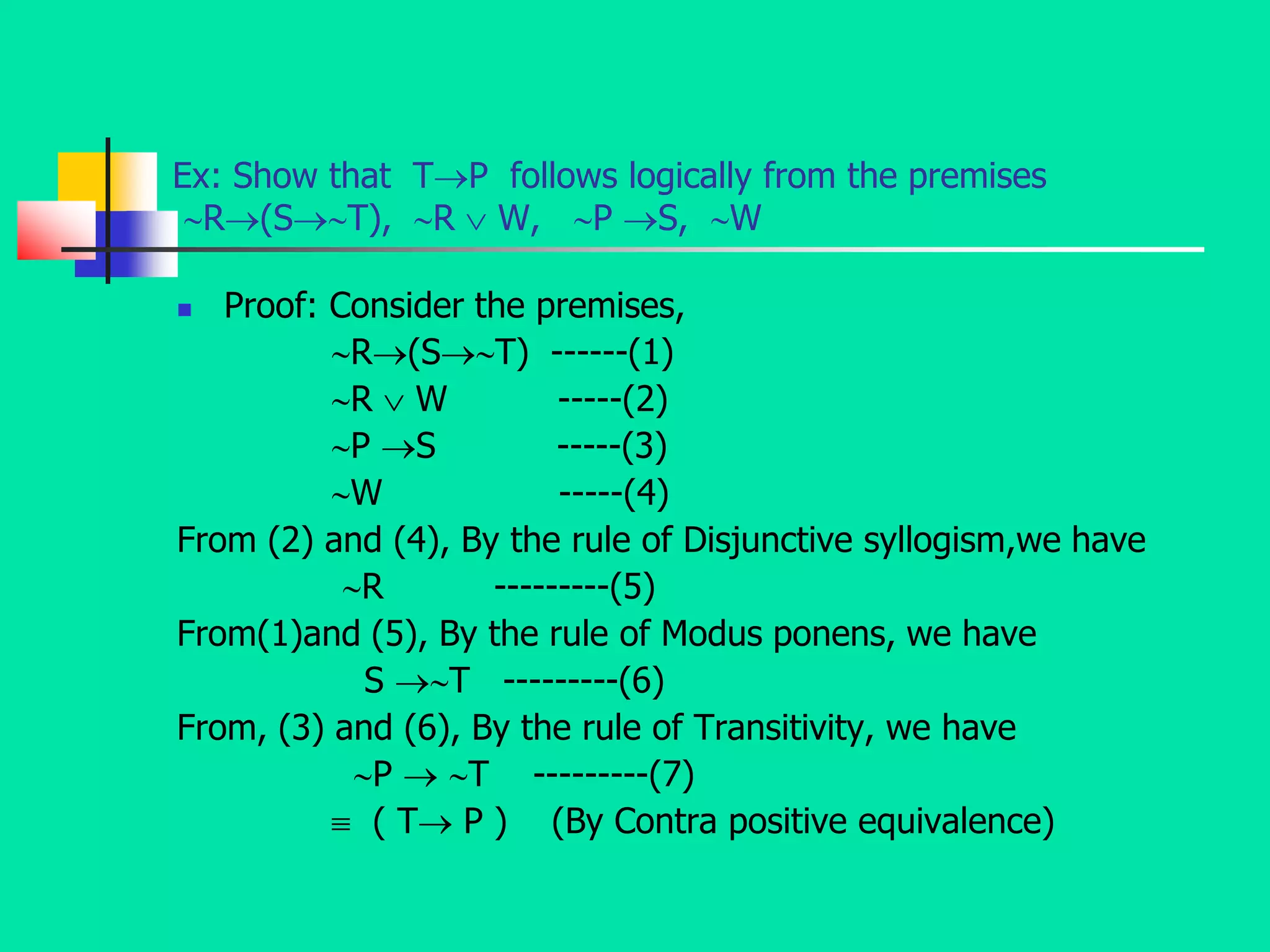 Ex: Show that TP follows logically from the premises
R(ST), R  W, P S, W
 Proof: Consider the premises,
R(ST) ------(1)
R  W -----(2)
P S -----(3)
W -----(4)
From (2) and (4), By the rule of Disjunctive syllogism,we have
R ---------(5)
From(1)and (5), By the rule of Modus ponens, we have
S T ---------(6)
From, (3) and (6), By the rule of Transitivity, we have
P  T ---------(7)
 ( T P ) (By Contra positive equivalence)
 