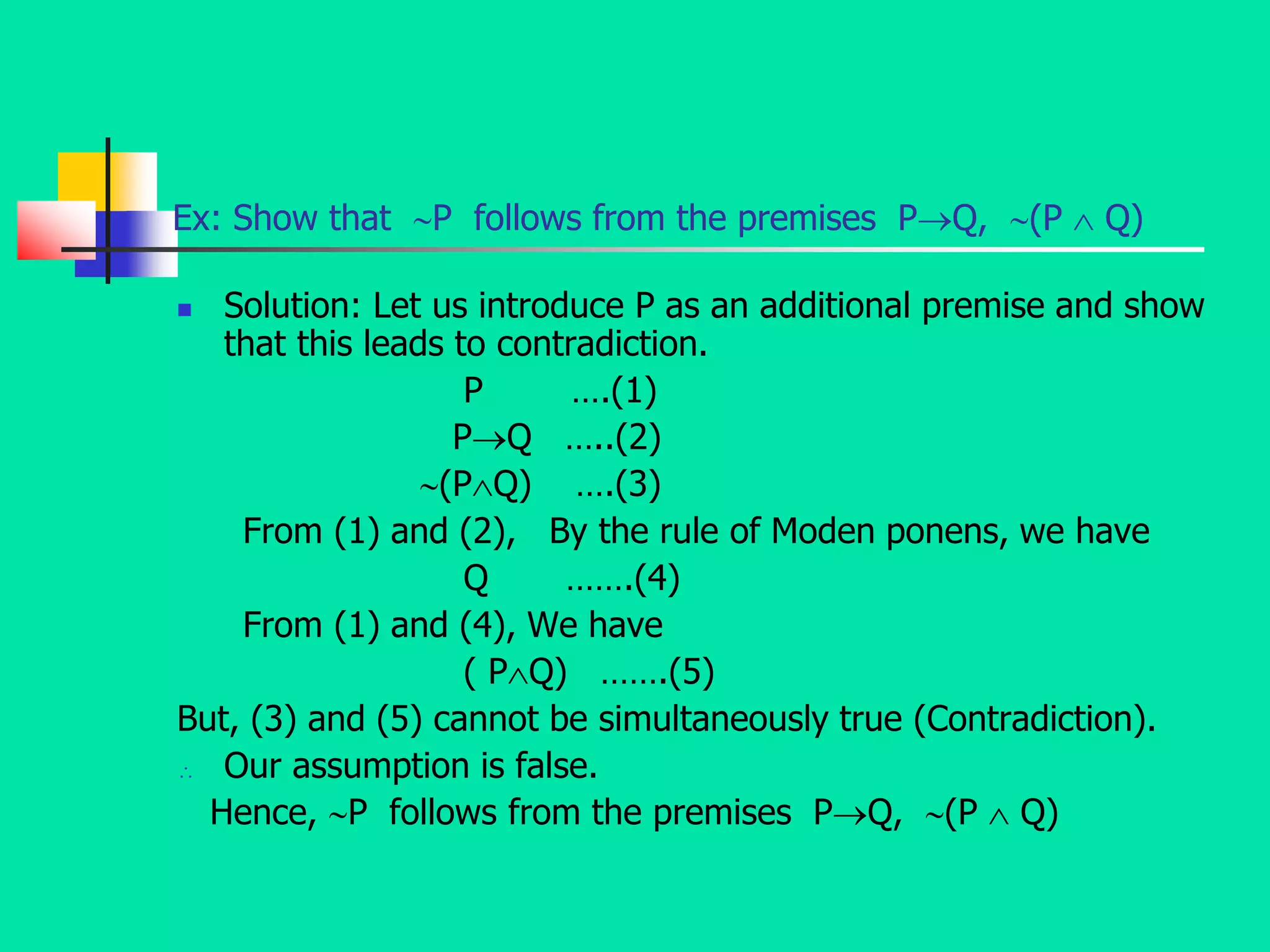 Ex: Show that P follows from the premises PQ, (P  Q)
 Solution: Let us introduce P as an additional premise and show
that this leads to contradiction.
P ….(1)
PQ …..(2)
(PQ) ….(3)
From (1) and (2), By the rule of Moden ponens, we have
Q …….(4)
From (1) and (4), We have
( PQ) …….(5)
But, (3) and (5) cannot be simultaneously true (Contradiction).
 Our assumption is false.
Hence, P follows from the premises PQ, (P  Q)
 
