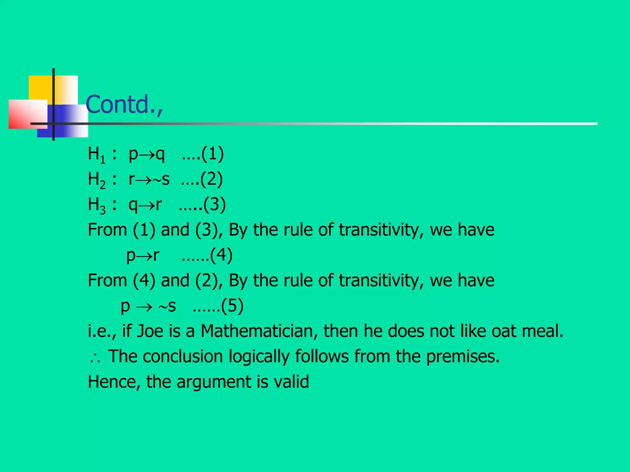 Contd.,
H1 : pq ….(1)
H2 : rs ….(2)
H3 : qr …..(3)
From (1) and (3), By the rule of transitivity, we have
pr ……(4)
From (4) and (2), By the rule of transitivity, we have
p  s ……(5)
i.e., if Joe is a Mathematician, then he does not like oat meal.
 The conclusion logically follows from the premises.
Hence, the argument is valid
 