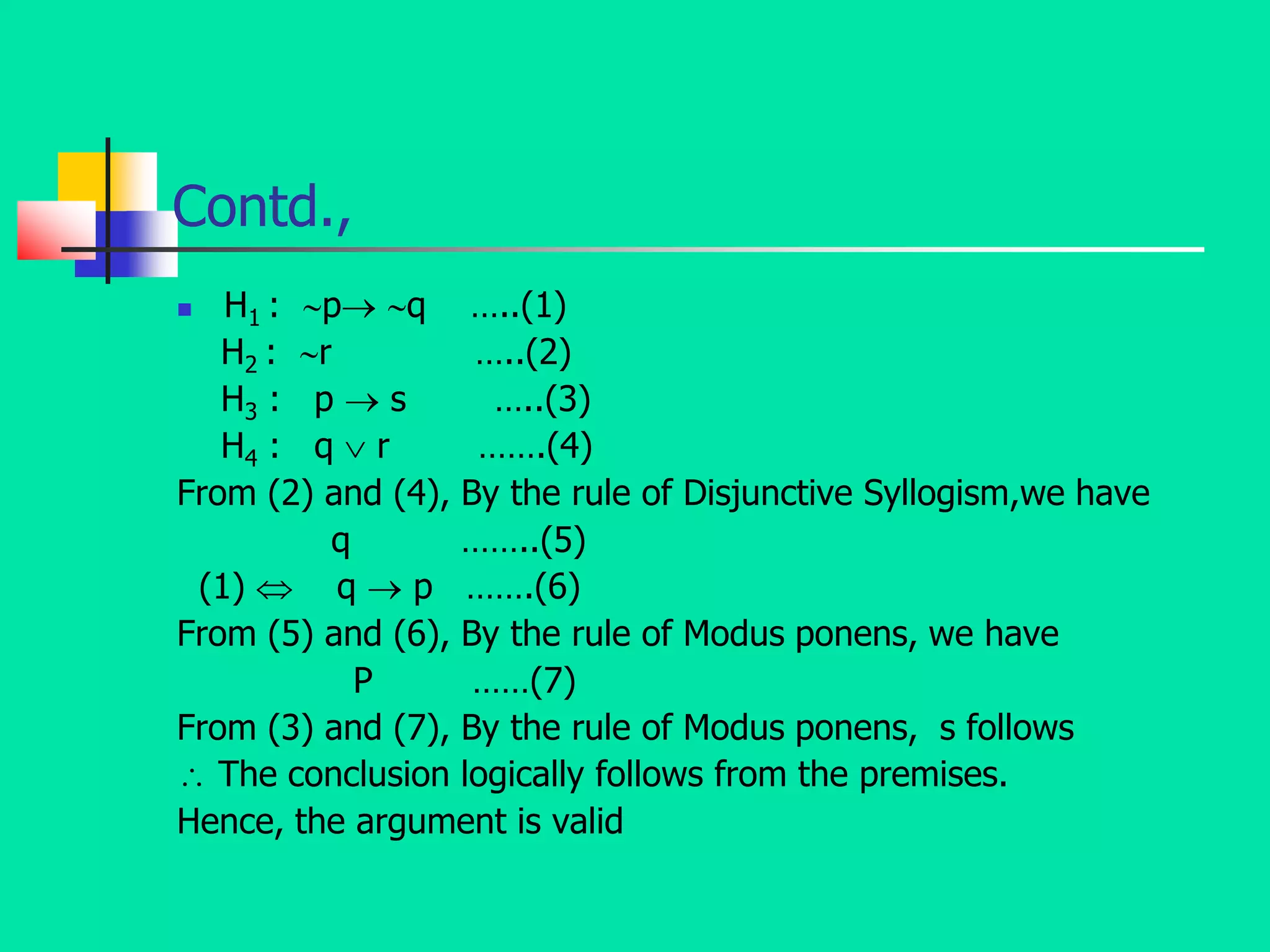 Contd.,
 H1 : p q …..(1)
H2 : r …..(2)
H3 : p  s …..(3)
H4 : q  r …….(4)
From (2) and (4), By the rule of Disjunctive Syllogism,we have
q ……..(5)
(1)  q  p …….(6)
From (5) and (6), By the rule of Modus ponens, we have
P ……(7)
From (3) and (7), By the rule of Modus ponens, s follows
 The conclusion logically follows from the premises.
Hence, the argument is valid
 