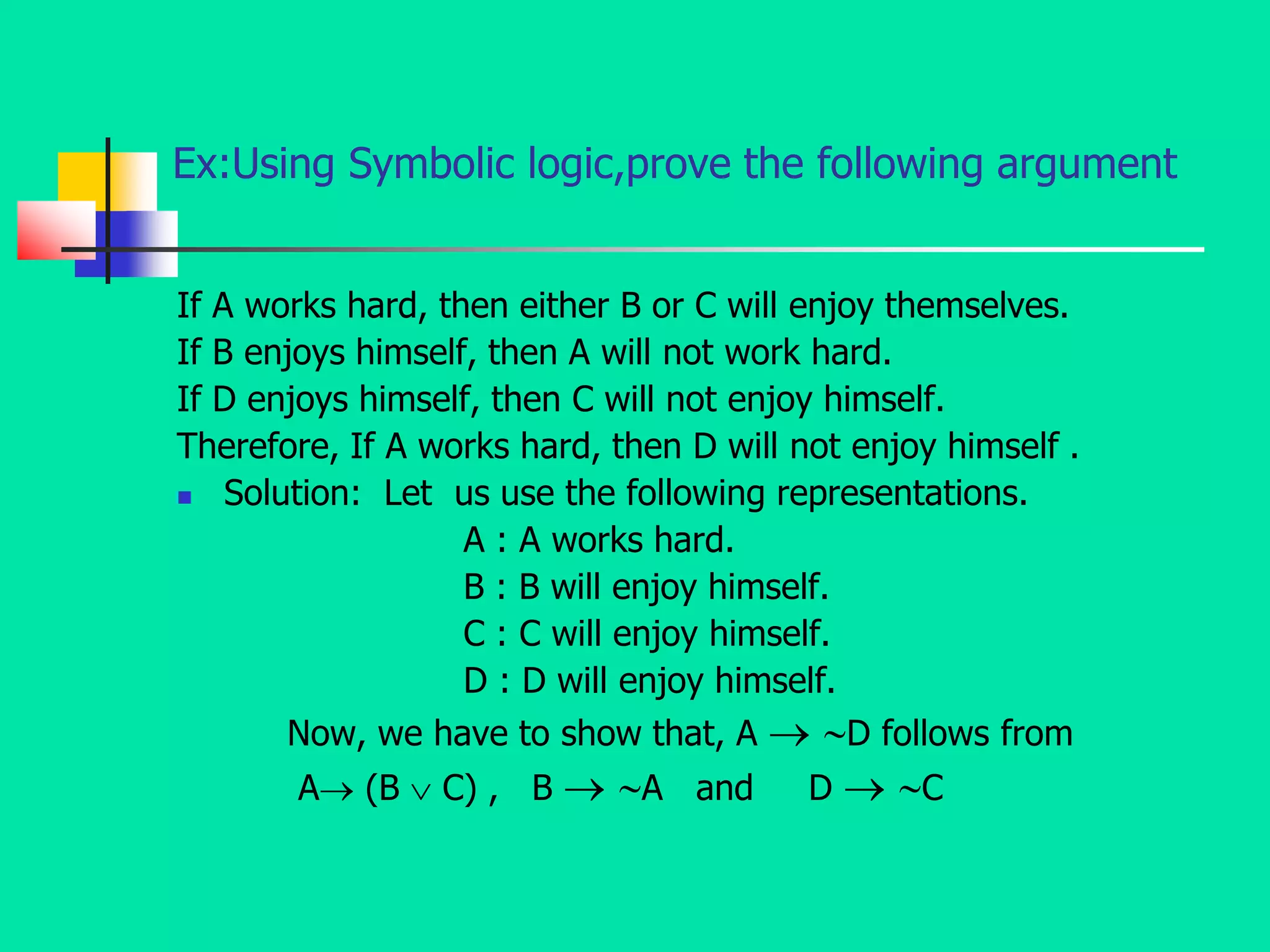 Ex:Using Symbolic logic,prove the following argument
If A works hard, then either B or C will enjoy themselves.
If B enjoys himself, then A will not work hard.
If D enjoys himself, then C will not enjoy himself.
Therefore, If A works hard, then D will not enjoy himself .
 Solution: Let us use the following representations.
A : A works hard.
B : B will enjoy himself.
C : C will enjoy himself.
D : D will enjoy himself.
Now, we have to show that, A  D follows from
A (B  C) , B  A and D  C
 