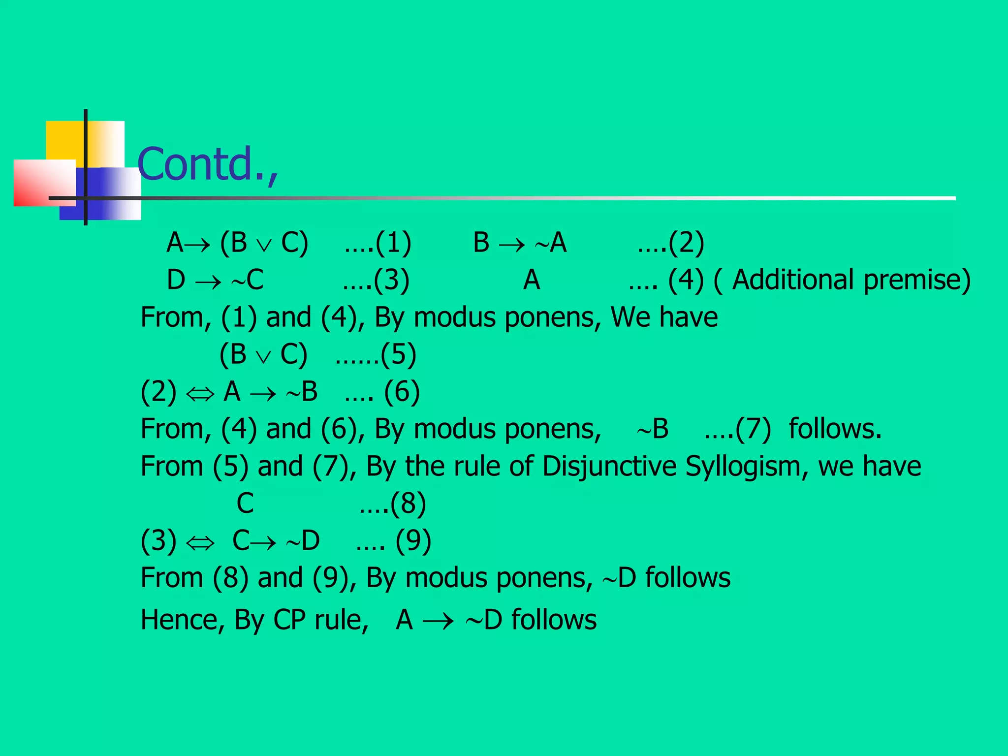 Contd.,
A (B  C) ….(1) B  A ….(2)
D  C ….(3) A …. (4) ( Additional premise)
From, (1) and (4), By modus ponens, We have
(B  C) ……(5)
(2)  A  B …. (6)
From, (4) and (6), By modus ponens, B ….(7) follows.
From (5) and (7), By the rule of Disjunctive Syllogism, we have
C ….(8)
(3)  C D …. (9)
From (8) and (9), By modus ponens, D follows
Hence, By CP rule, A  D follows
 