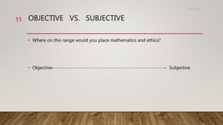OBJECTIVE VS. SUBJECTIVE
• Where on this range would you place mathematics and ethics?
• Objective Subjective
15،‫دسمبر‬18
11
 