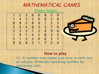 MATHEMATICAL GAMES
Times hitori……
1 2 3 6 6 8 2 9
1 4 3 5 6 9 2 8
8 8 2 8 9 1 2 3
5 5 4 8 3 5 7 9
2 3 2 7 2 4 9 6
1 9 1 4 2 8 3 5
5 1 3 2 6 6 5 7
9 6 8 3 1 7 5 4
How to play
(1) A number may repeat just once in each row
or column. Eliminate repeating number by
darkening cells.
 