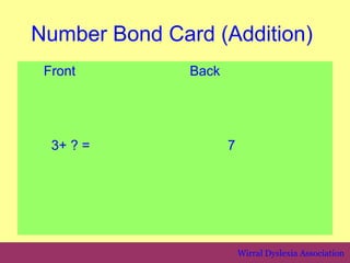 Number Bond Card (Addition)
 Front         Back




  3+ ? =              7




                          Wirral Dyslexia Association
 