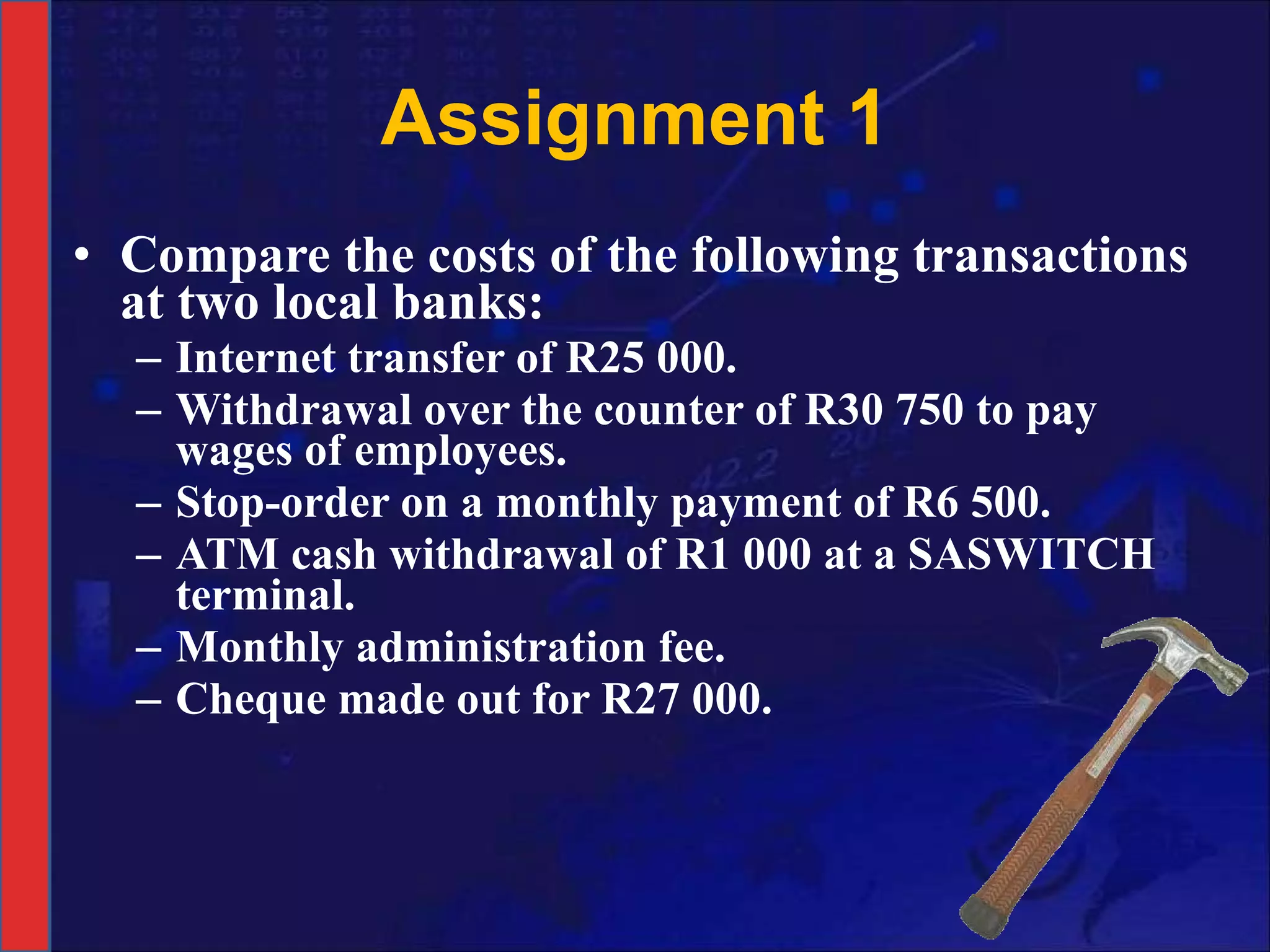 Assignment 1 Compare the costs of the following transactions at two local banks: Internet transfer of R25 000. Withdrawal over the counter of R30 750 to pay wages of employees. Stop-order on a monthly payment of R6 500. ATM cash withdrawal of R1 000 at a SASWITCH terminal. Monthly administration fee. Cheque made out for R27 000. 